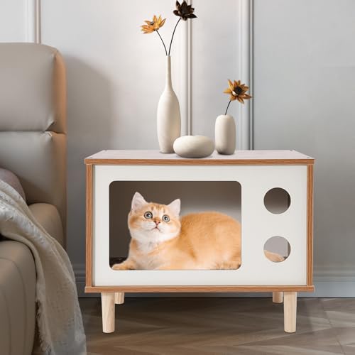 Susoso Holz Katzenhaus, mit Beiden Runden Löcher Indoor TV-Form Kleintierhaus für alle Arten von Hauskatzen 50x29x40cm Walnuss, Weiß von Susoso