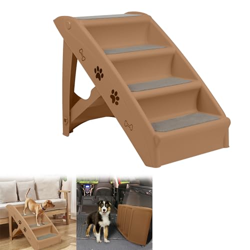 Suusolny Braun Klappbare Hundetreppe 4 Stufen Haustiertreppe mit Rutschfester Matte Hunderampe Katzentreppe 50cm hohe Haustiertreppe Bis 75kg für Hunde und Katzen von Suusolny