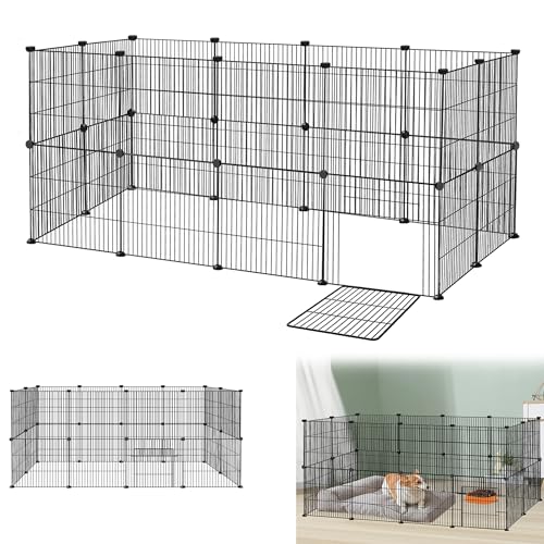 Suusolny Freigehege Kaninchen Gittergehege Haustier Laufstall Metallgitter Gehege Welpengehege Kleintierkäfig Meerschweinchen Käfig für Innen und Aussen (Schwarz, 24pcs mit Türen 142x72x72cm) von Suusolny