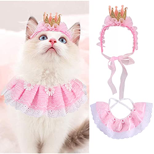 Cat Bandana für Katzen, Cute Dog Cat Lace Bandana Schal und Crown Hat Pink Cat Kostüme Outfit für Hochzeit, Geburtstagsfeier, Fotografie von Suxgumoe