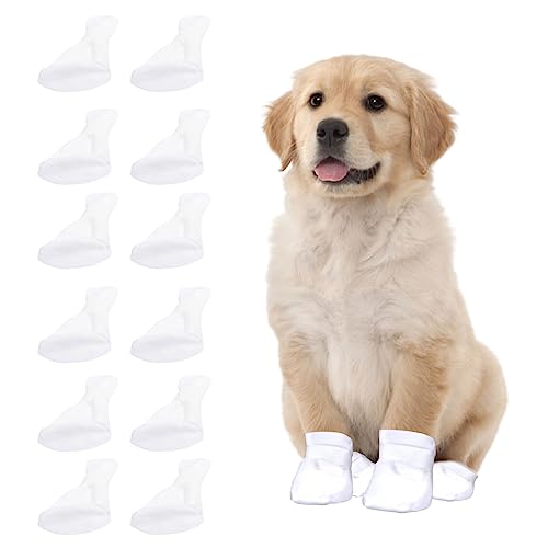 Einweg-Hundeschuhe, 12 Stück, schmutzabweisend, Einweg-Hundesocken, Stiefel, Pfotenschutz, verstellbare Haustiersocken, Hundefußabdeckung mit selbstklebendem Riemen für Outdoor-Indoor-Spaziergänge von Suxgumoe