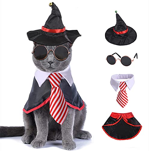 Halloween Haustier Kostüm, Haustier Katze Hund Halloween Vampir Umhang Zauberer Hut, Brille und Fliege Set Kätzchen Welpen Outfit Kleidung (L) von Suxgumoe