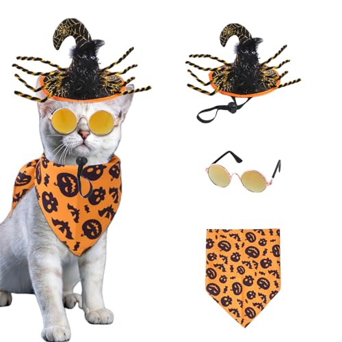 Halloween Hund Kostüm Satz- Einstellbare Dreieck Hundehalstuch und Hexenhut Katzen-Sonnenbrille, Hundekostüm Halloween für kleine Hund, Katzen, Kätzchen von Suxgumoe