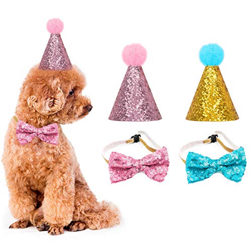 Haustier Geburtstag Hut, niedlicher Hund Geburtstag Kegel Hut und Pailletten Fliege Partydekoration für Hunde Welpen Katzen Kätzchen (ROSA+BLAU) von Suxgumoe