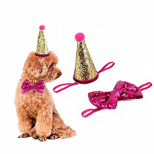 Haustier Hut und Fliege, 2er Set Hunde Katzen Geburtstag Kegel Hut Mütze und Schleife Kragen Pailletten Kopfbedeckung Party Dekoration für Welpen Kätzchen Kleintier (Rosenrot) von Suxgumoe