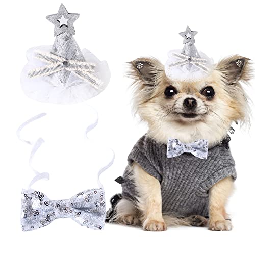 Hund Geburtstag Bandana Set, 2 Stücke Geburtstag Hut und Hund Fliege, Haustier Geburtstag Party Supplies für kleine, mittelgroße, große Haustiere (Silber) von Suxgumoe