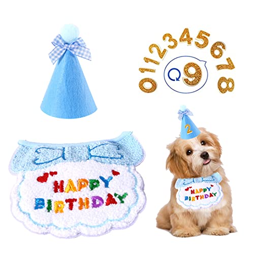 Hund Geburtstag Party Hut Lätzchen Set, Katze Geburtstag Party Supplies, Welpen Bandana Schal und Hut für kleine Tiere Katze Hund (Blau) von Suxgumoe