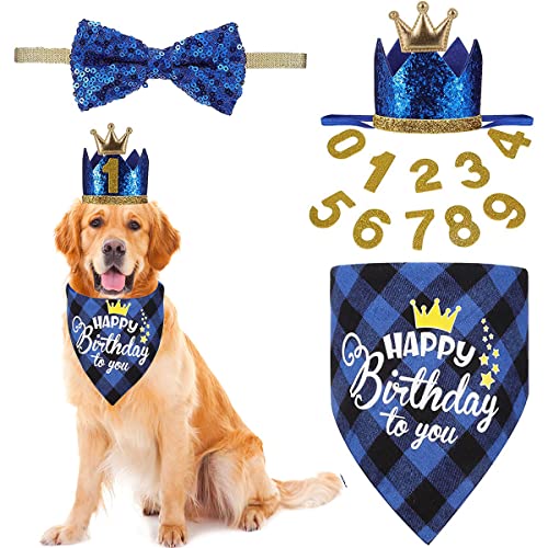 Hund Geburtstag Party Zubehör, Wiederverwendbare Hund Geburtstag Krone Hut und Bandana mit 0-9 Gold Zahlen und Hund Fliege, Hund Geburtstag Party Dekoration für Katzen kleine mittlere Tiere (Blau) von Suxgumoe