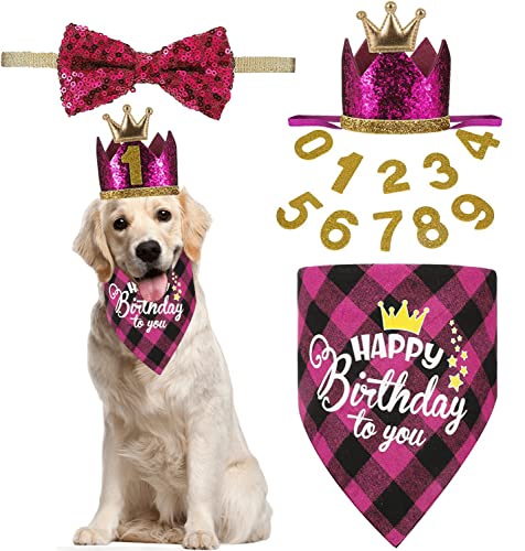 Hund Geburtstag Party Zubehör, Wiederverwendbare Hund Geburtstag Krone Hut und Bandana mit 0-9 Gold Zahlen und Hund Fliege, Hund Geburtstag Party Dekoration für Katzen kleine mittlere Tiere (Rose) von Suxgumoe