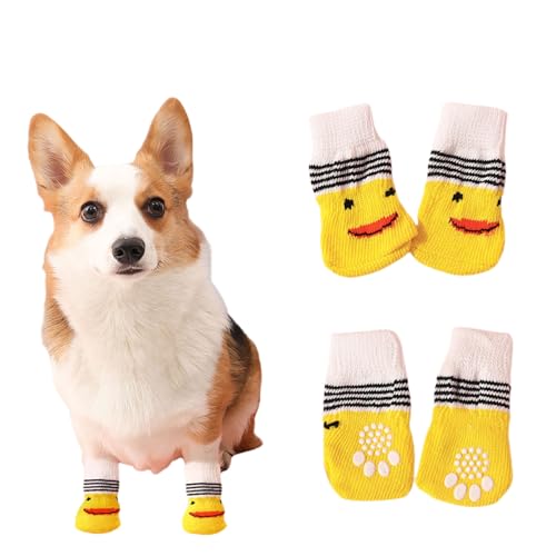 Suxgumoe Hundesocken, 4 Stück Baumwoll Anti Rutsch Welpen Katzen Socken, Hundeschuhe Haustierpfoten Schutz für drinnen,draußen (größ, gelbe Ente) von Suxgumoe