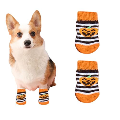 Suxgumoe Hundesocken, 4 Stück Baumwoll Anti Rutsch Welpen Katzen Socken, Hundeschuhe Haustierpfoten Schutz für drinnen,draußen (größ, gestreifter Kürbis) von Suxgumoe