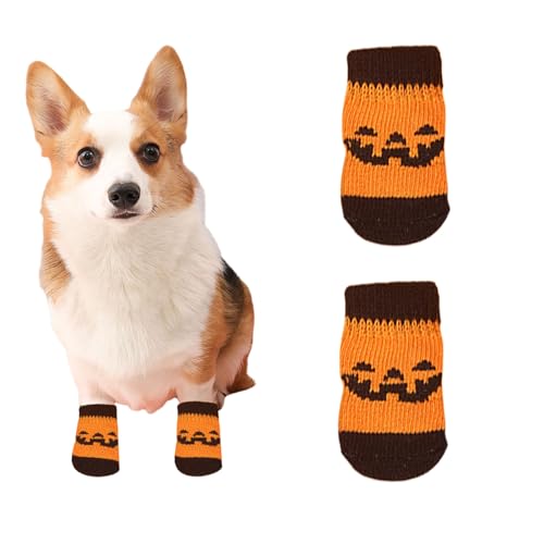 Suxgumoe Hundesocken, 4 Stück Baumwoll Anti Rutsch Welpen Katzen Socken, Hundeschuhe Haustierpfoten Schutz für drinnen,draußen (größ, orangefarbener Kürbis) von Suxgumoe