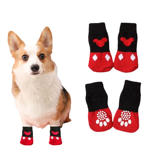 Suxgumoe Hundesocken, 4 Stück Baumwoll Anti Rutsch Welpen Katzen Socken, Hundeschuhe Haustierpfoten Schutz für drinnen,draußen (größ, rot) von Suxgumoe