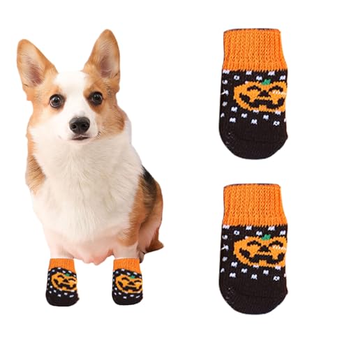 Suxgumoe Hundesocken, 4 Stück Baumwoll Anti Rutsch Welpen Katzen Socken, Hundeschuhe Haustierpfoten Schutz für drinnen,draußen (größ, schwarzer Kürbis) von Suxgumoe