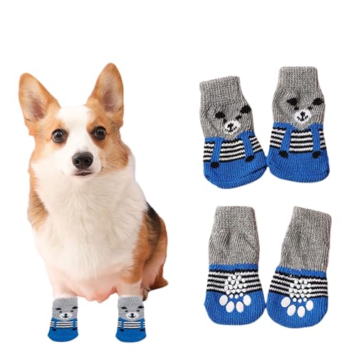 Suxgumoe Hundesocken, 4 Stück Baumwoll Anti Rutsch Welpen Katzen Socken, Hundeschuhe Haustierpfoten Schutz für drinnen,draußen (klein, Blauer Bär) von Suxgumoe