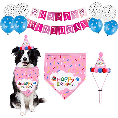 Tiergeburtstagsfeierzubehör, Hund Alles Gute zum Geburtstag Bandana Hut Banner Luftballons Partydekorationen für Welpenkatzen (ROSA) von Suxgumoe