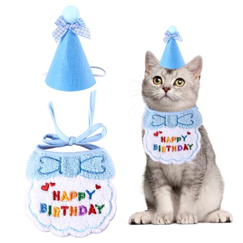 Katzen Geburtstag Bandana Schals Set,Katzengeburtstagshut Birthday Dekorations,Niedlich Katzen Hunde Geburtstag Partyhüte,Haustier Kostüme Kopfbedeckung Zubehör(Blau) von Svalor