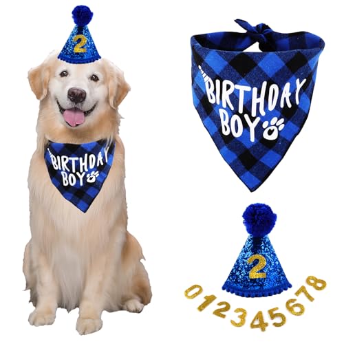 Hunde Geburtstag Hut Bandana Set, 3 Stücke Hunde Geburtstags Bandana Mütze mit 8 Bling Nummern, Hundegeburtstagsgeschenk, Hund Geburtstag Deko (Blau) von Svalor