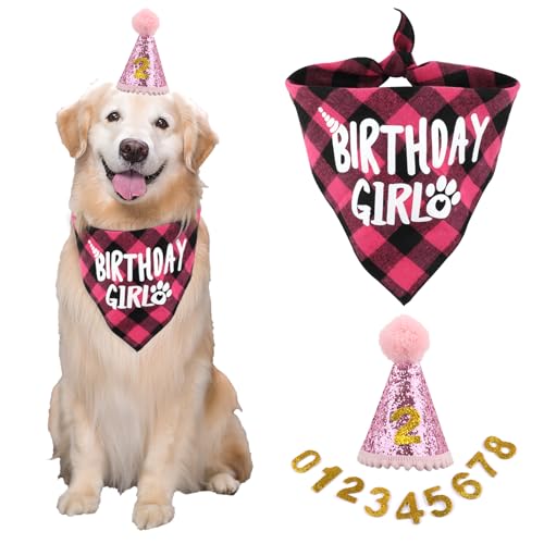 Hunde Geburtstag Hut Bandana Set, 3 Stücke Hunde Geburtstags Bandana Mütze mit 8 Bling Nummern, Hundegeburtstagsgeschenk, Hund Geburtstag Deko (Rosa) von Svalor