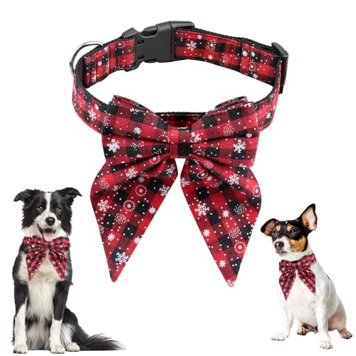 Weihnachten Halsband für Katzen und Hunde, Verstellbar Hunde Halsband mit Fliege, Hundehalsband Weihnachts Kariertes für Klein Mittlere Groß Hunde Katzen Welpen (L) - Rot von Svalor