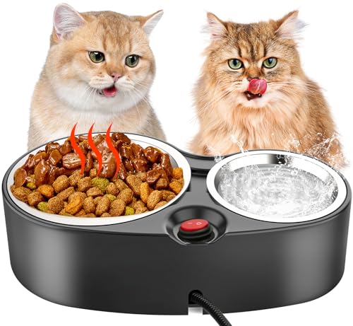 SwSun Beheizter Katzennapf für Futter & Wasser, Doppelte Heizung Katzennäpfe Outdoor Beheizter Futternapf mit 2 Edelstahl Katzennäpfe Beheizter Wassernapf für Feral Cat Futterstation im Winter von SwSun