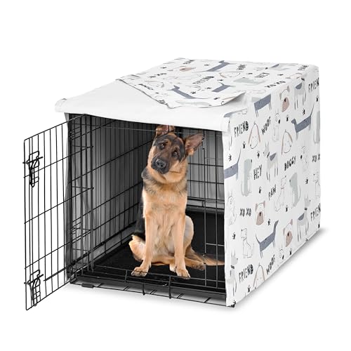 Sweet Jojo Designs Hundekäfig-Abdeckung mit Cartoon-Welpen-Druck, Hundehüttenabdeckungen für 121,9 cm Haustierkäfig, groß, neutrales Grau, Taupe, Blau, Weiß, moderne Bulldogge, Wiener, von Sweet Jojo Designs