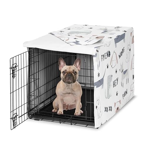 Sweet Jojo Designs Hundekäfig-Abdeckung mit Cartoon-Welpen-Druck, Hundehüttenabdeckungen für 76,2 cm Haustierkäfig, Größe S/M, neutrales Grau, Taupe, Blau, Weiß, moderne Bulldogge, Wiener, von Sweet Jojo Designs