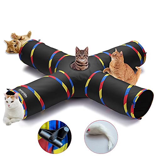 4-Wege-Katzentunnel für Indoor-Katzen, zusammenklappbarer Schlauch, 25.4 cm Durchmesser und 119.8 cm längeres Katzentunnelspielzeug, Glockenball für Haustierspiele, Kätzchen, Kaninchen (schwarz) von SweetBin