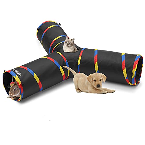 SweetBin 3-Wege-große Katzentunnel für Indoor-Katzen, langlebig und resistent gegen Kratzen, Katzenspiel-Tunnel, inklusive Mausspielzeug, Glockenball, Geschenk für Frettchen und Kaninchen (Schwarz) von SweetBin