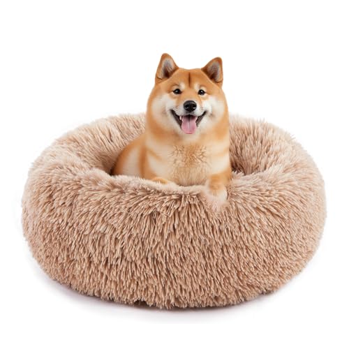 Sweetcrispy Hundebett für kleine, mittelgroße Hunde und Katzen, Anti-Angst-Hundebett, 61 cm, rutschfest, rund, flauschig, Plüsch-Kunstfell, Katzenbett, passend für Haustiere bis zu 11,3 kg, Braun von Sweetcrispy