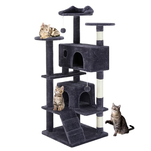 Sweetcrispy Katzenbaumturm, 137,2 cm, mehrstöckig, mit Sisal-Kratzbaum, perfektes Haustiergeschenk, Indoor-Kondo mit Kletterleiter, Plüschtier und mehr Tiersachen, Grau von Sweetcrispy