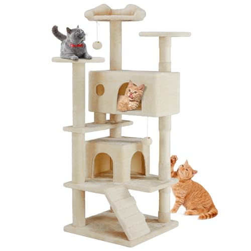 Sweetcrispy Katzenbaumturm, 137,2 cm, mehrstufiger Katzenturm mit Sisal-Kratzbaum, perfektes Katzengeschenk, Indoor-Katzenbaum mit Höhle, Kletterleiter, Plüschtier und mehr Katzensachen, Beige von Sweetcrispy