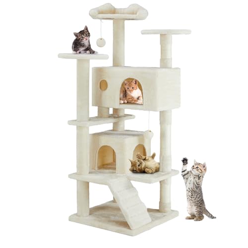 Sweetcrispy Kratzbaum,Katzenbaum Katzen Stabil,135cm Hoch,Mehrstöckiger Katzenkratzbaum Katzenmöbel mit Kratzsäulen Plattformen Höhlen Plüschbälle,Modernes Beige von Sweetcrispy