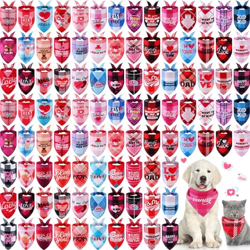 Sweetude 100 Stück Valentinstag Plaid Hundehalstücher Bulk mit Sprüchen Valentinstag Haustier Schal Lätzchen verstellbar waschbar Halstuch Urlaub Haustier Kostüm Zubehör Fellpflege Zubehör für kleine von Sweetude