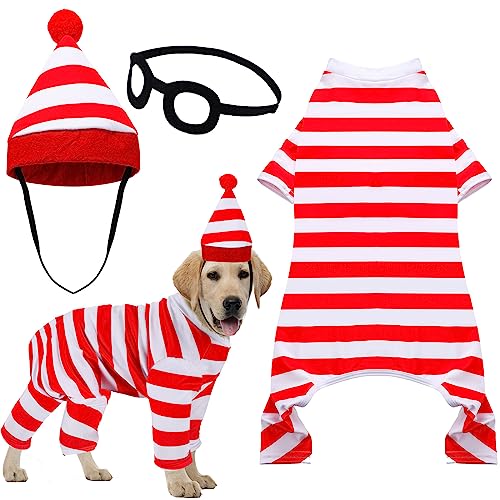 Sweetude 3 Stück rot und weiß gestreifte Hunde-Halloween-Kostüme, Halloween-Kostüme für Hunde, Welpen-Shirts mit Brille und Hut, Halloween-Cosplay-Kleidung, Outfits für Halloween-Party von Sweetude