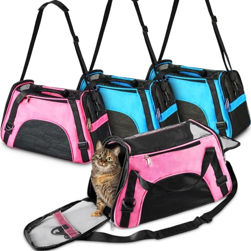 Sweetude 4 x Transportbox für Katzen unter 5,9 kg, 42 x 27,9 x 19,1 cm, weiche Seiten, faltbar, bequem und tragbar, Tragetasche für Katzen, kleine Hunde, Reisen (Rosarot, Blau) von Sweetude