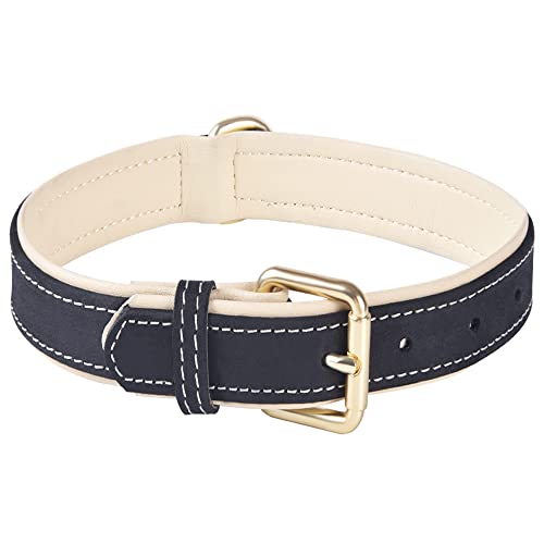 Verstellbares, weiches Echtleder-Hundehalsband, gepolstert, ideal für kleine, mittelgroße und große Hunde (L, Schwarz) von SweetyMooMoo