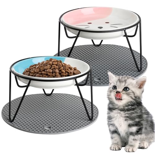 Erhöhte Futternäpfe aus Keramik, mit rutschfester Matte, erhöhte Katzennäpfe für Indoor-Katzen, Keramik-Katzenfutterschalen mit Ständer, Katzennapf, Schnurrhaar-freundlich (Blau + Rosa) von Swetwiny