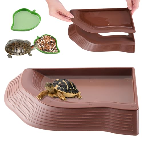 Swirge Schildkröten-Wasserschale mit Rampe, 3 Stück, Schildkrötenfutter, Wasserschalen mit Blättern, kleine Reptilien-Wasser-Futterschale, Badeschale für Schlangenbart, Drache, Gecko, Eidechse von Swirge