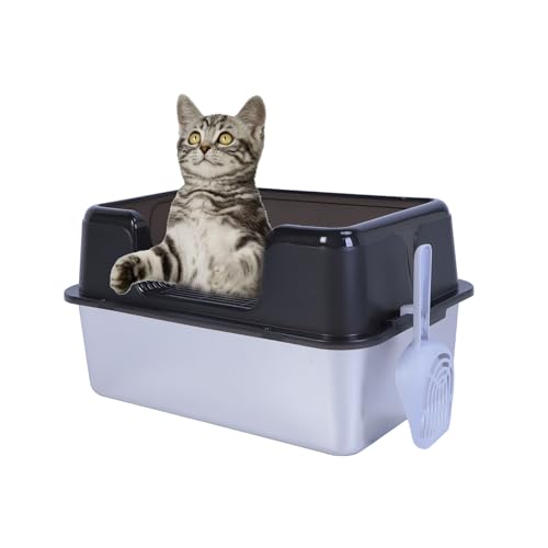 Halbgeschlossene Katzentoilette aus Edelstahl mit Deckel, 20 L XL, Große Metalltoilette für Große Katzen mit Hohem Rand, Inklusive Schaufel, (schwarz) von Sxhlseller