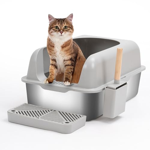 XL-Katzentoilette aus Edelstahl mit Deckel, Hochseitig 23,62 X 15,75 X 9,84 Zoll, Offene Extra Große Katzentoilette aus Metall für Große Katzen,Leicht zu Reinigen von Sxhlseller