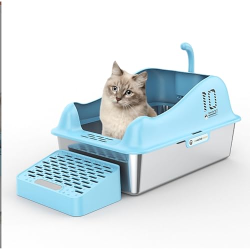 XL-Katzentoilette aus Edelstahl mit Hohen Seiten, 23,62 X 15,75 X 11,81 Zoll. Extra Große, Geschlossene Katzentoilette für Große und Mehrere Katzen, Einfache Reinigung (Blue) von Sxhlseller