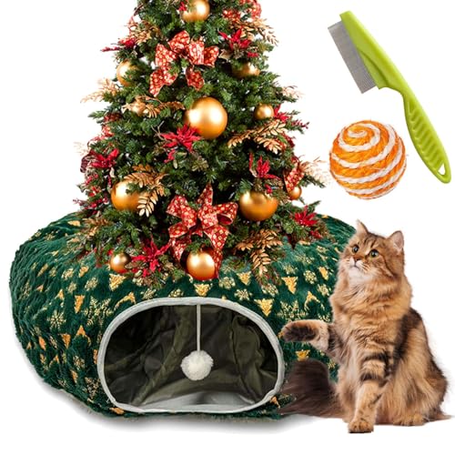 Christmas Cat Tunnel, Christmas Tree Cat Tunnel, Warm Soft Cat Tunnel Christmas Tree Skirt, Circular Cat Tunnel Bed Under Christmas Tree with Central Mat for Keeping Cats Off Xmas Tree (Green) von Syeefula