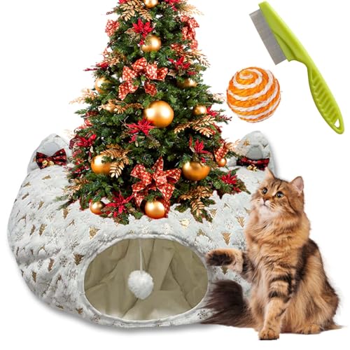 Christmas Cat Tunnel, Christmas Tree Cat Tunnel, Warm Soft Cat Tunnel Christmas Tree Skirt, Circular Cat Tunnel Bed Under Christmas Tree with Central Mat for Keeping Cats Off Xmas Tree (White) von Syeefula