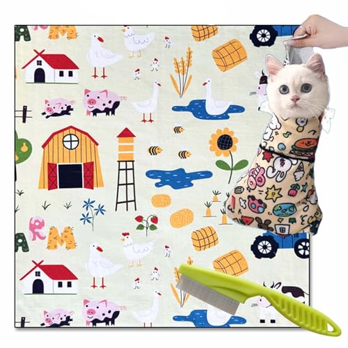 Syeefula Cat Grooming Wrap, Cat Wrap for Grooming, Multifunctional Velcro Fabric Wrap for Cats, Self-Adherent, Anti-Bite, Anti-Scratch, Anti-Escape Calming Wrap Nail Clipping (21.7 * 21.7IN,Farm) von Syeefula