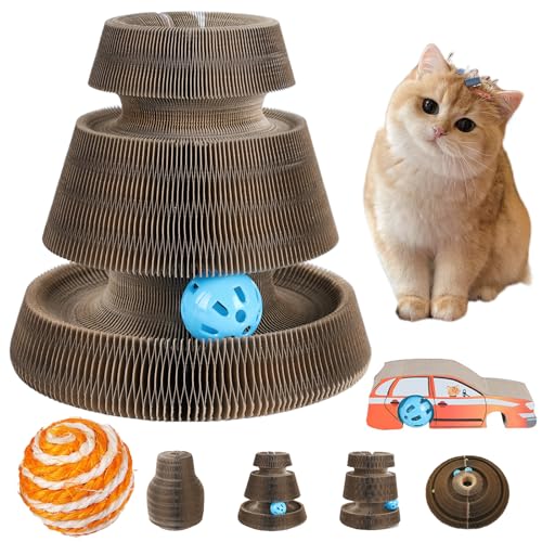 Syeefula Kitten Curl, Kitten Curl Toy, Magical Kitten Curl Cardboard Cat Toy, Cat Accordion Toy, Indoor Interactive Scratch Pad with a Ball, Recyclable and Durable, Retractable, Reversible (Car) von Syeefula