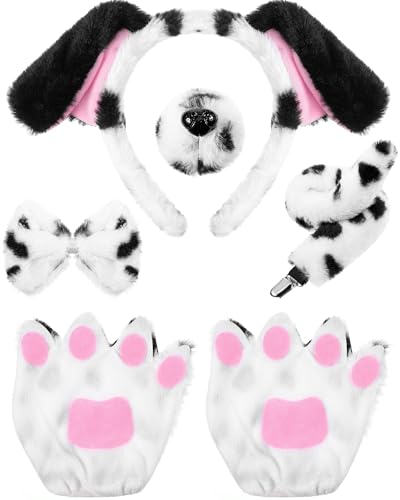 5 Stücke Halloween Tier Welpen Hund Kostüm Set Enthalten Welpen Ohren Stirnband Fliege Gefälscht Nase Schwanz Hundepfote Handschuhe Tier Kostüm Zubehör für Cosplay Party (Schwarz Weiß, Niedlicher) von Syhood