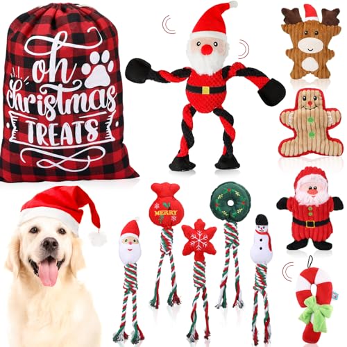 Syhood 12 Stück Weihnachts-Hundespielzeug, Kauspielzeug, quietschendes Hundespielzeug, Weihnachtsmann, Rentier, Lebkuchen, Plüsch, Stofftiere mit Aufbewahrungstasche, Weihnachtsgeschenk für kleine, von Syhood