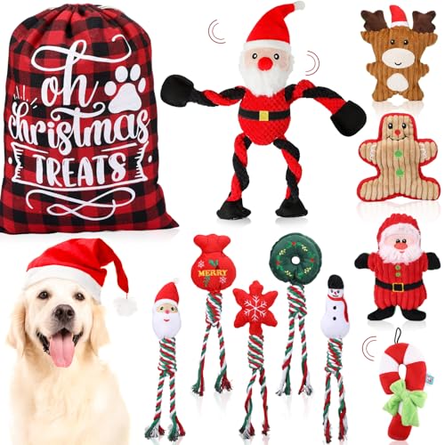 Syhood Weihnachts-Hundespielzeug, Kauspielzeug, quietschendes Hundespielzeug, Weihnachtsmann, Rentier, Lebkuchen, Plüsch, Stofftiere mit Aufbewahrungstasche, Weihnachtsgeschenk für kleine, mittelgroße von Syhood