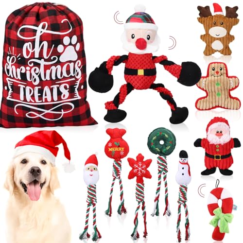 Syhood 12 Stück Weihnachts-Hundespielzeug, Kauspielzeug, quietschendes Hundespielzeug, Weihnachtsmann, Rentier, Lebkuchen, Plüsch, Stofftiere mit Aufbewahrungstasche, Weihnachtsgeschenk für kleine, von Syhood
